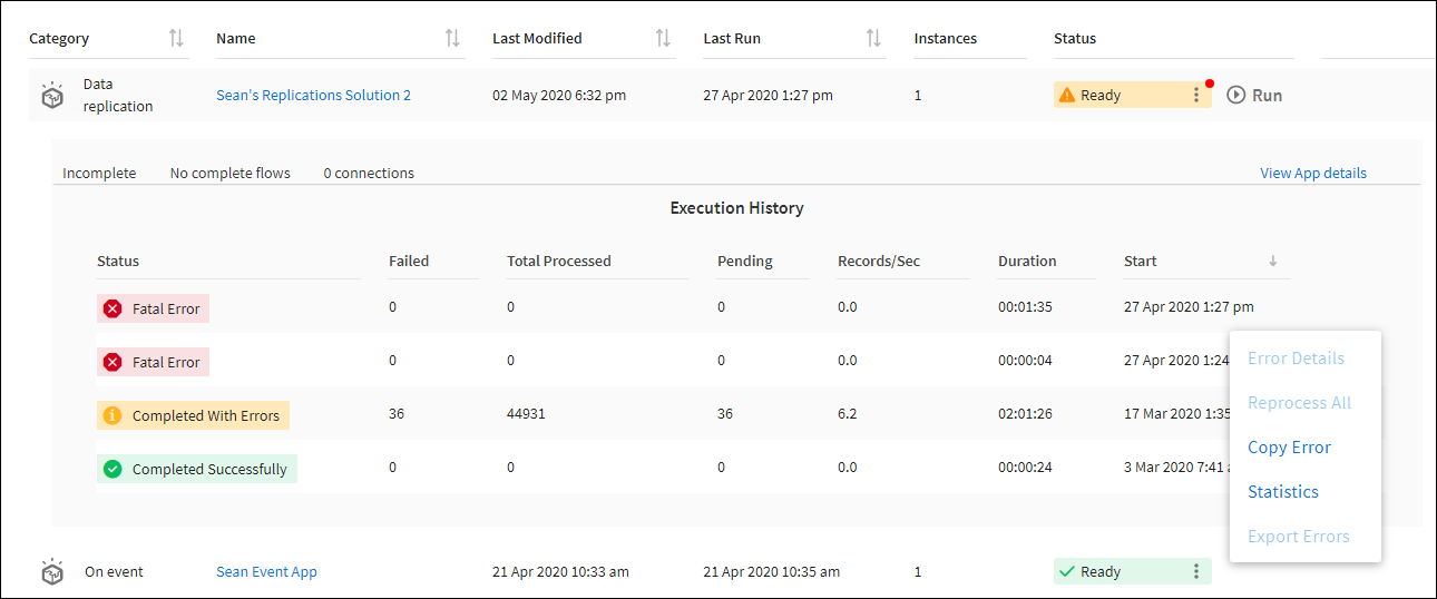 Execution history of the selected app